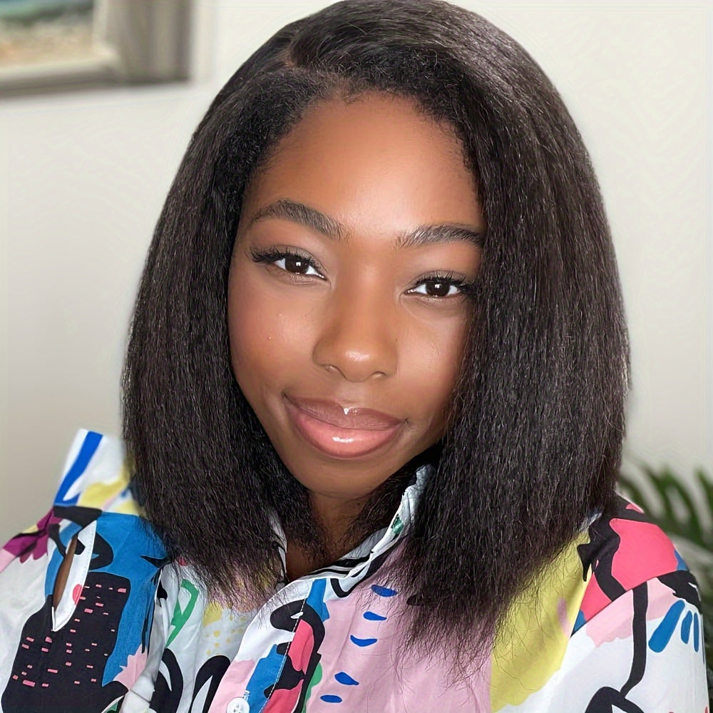 Kinky Straight Short Bob Wig 10-16 - HD Transparent 13x4 Lace Frontal, Glueless Swiss Lace - Pre-Plucked, High Density Natural Hair for Women